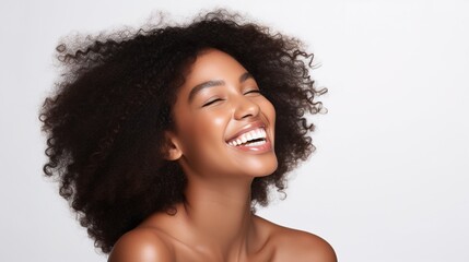 Face, skincare and funny black woman. Natural beauty, cosmetics and happy model laughing after spa facial treatment for aesthetic, wellness or healthy skin. isolated at white background, generative ai - obrazy, fototapety, plakaty
