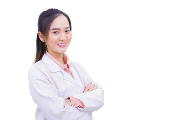 Asian woman doctor who she has black long hair wear stethoscope and white lab coat as uniform while arm cross at office room in hospital while isolated on white background.