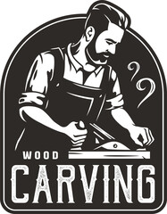 Bearded carpenter for logo of carpentry or wood carving. Woodworker with jointer in his hands for design of workshop or woodworking