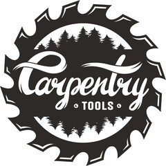 Wood saw for slice of tree or timber for logo and design of workshop or sawmill. Blade or circular saw with forest for sawing of woodmaster or carpenter.