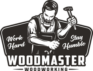 Bearded carpenter for logo of carpentry or wood carving. Woodworker with chisel in his hands for design of workshop or woodworking