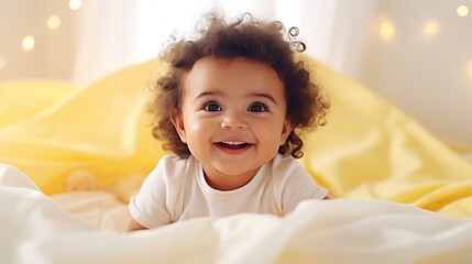 Happy healthy playful little cute adorable baby girl lying on comfortable bed or crib soft sheet. Smiling small sweet funny mixed race infant child laughing at home. Close up view, generative ai