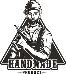 Bearded carpenter in for logo of carpentry or repair. Woodworker with electric screwdriver in his hands for design of workshop or woodworking