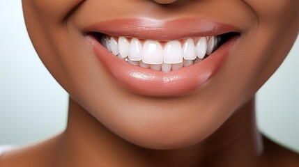 Obraz premium Happy isolated African American female smiling for tooth, mouth or gum and oral hygiene. Black woman, teeth and smile for dental care, whitening or healthcare