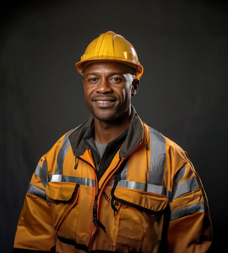 Smiling construction Afroamerican worker wearing uniform, over black background