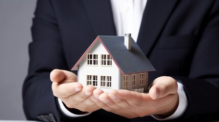Fototapeta na wymiar Close up of businessman holding house model in hands. Real estate concept. generative AI.