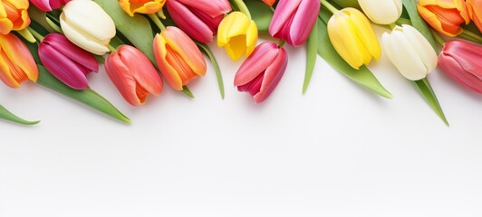 Blooming flowes spring banner - Colorful tulips, isolated on a white background, top view (Generative Ai)