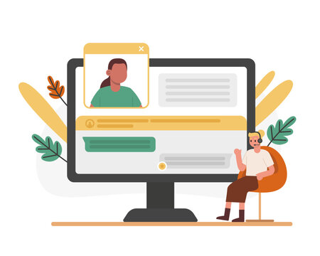 Office worker talking with costumer via computer. Online consultations. Work of call center operator, consultants. Communication via messenger, chat, call. Flat vector illustration in cartoon style