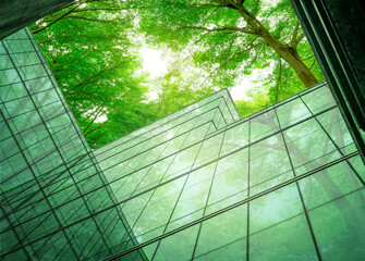 Eco-friendly building in the modern city. Sustainable glass office building with tree for reducing...