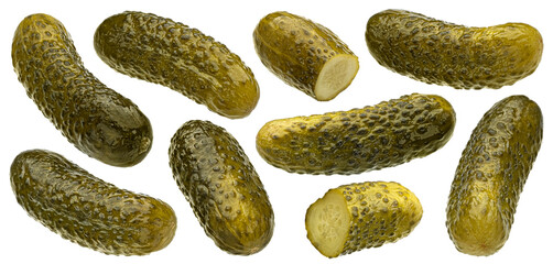 Marinated cucumbers, pickled gherkins isolated on white background