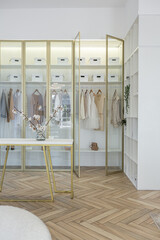 fashionable dressing room with glass doors with gold trim in a spacious open-plan apartment with a stylish modern bright design on a sunny day