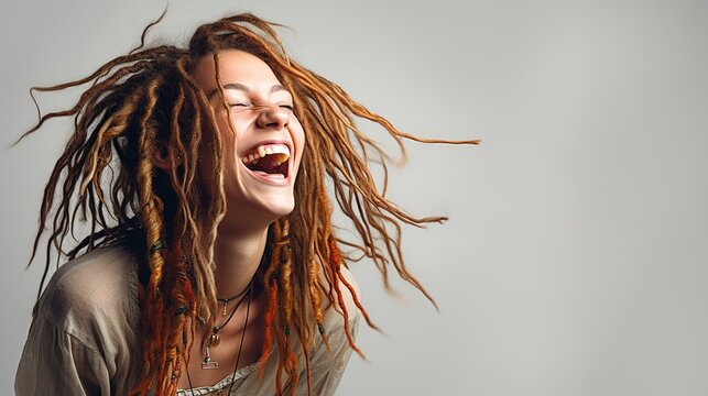 Happy woman with dreadlocks smiling cheerfully in a studio at white background, generative ai