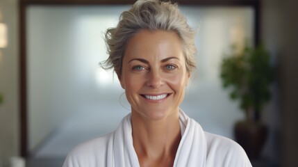 middle-aged woman smiles at the camera. Skin care concept - obrazy, fototapety, plakaty