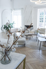 spacious open-plan apartment with stylish modern bright design, dressing area, bedroom, living room and bathroom on a sunny day