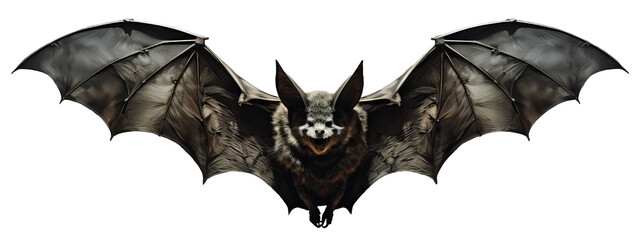 Creepy bat in flight. Open mouth. Wing flap. Isolated transparent background. Generative Ai