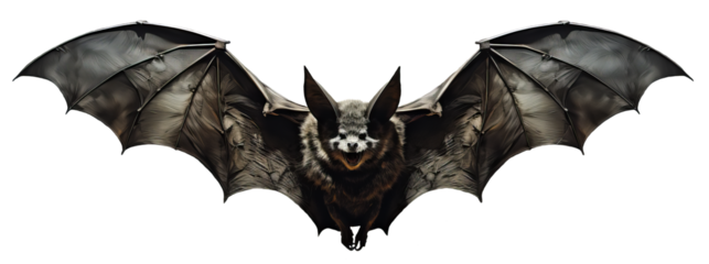 Creepy bat in flight. Open mouth. Wing flap. Isolated transparent background. Generative Ai