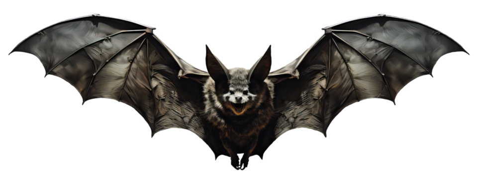 Creepy bat in flight. Open mouth. Wing flap. Isolated transparent background. Generative Ai - Powered by Adobe