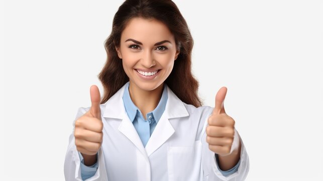 female doctor showing thumbs up looking at camera isolated on white backgroun