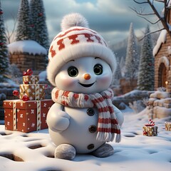 Illustration of a 3d snowman with Christmas background, AI Generated
