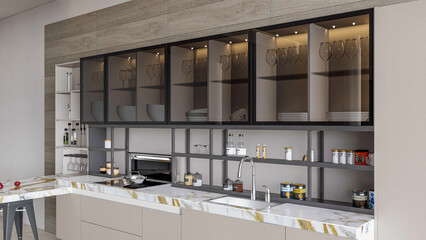 3d rendering modern kitchen advantage with wooden cabinet decoration interior design