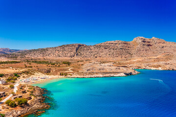 Aerial sea view of Agia Agathi beach, Rhodes island, Greece, Europe