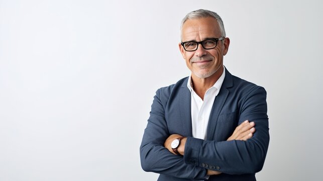 Smiling Mature Older Successful Gray-haired Business Man Leader, Thoughtful Middle Aged Senior Professional Businessman Crossed Arms Looking Away Thinking Standing Isolated, Generative Ai