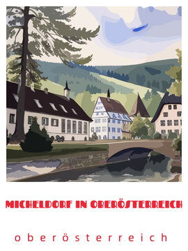 Micheldorf in Oberösterreich: Retro tourism poster with a Austrian landscape and the headline Micheldorf in Oberösterreich / Oberösterreich