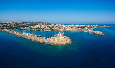Fototapeta na wymiar Panorama of city port, sea and fort on Rhodes island, Greece, Europe