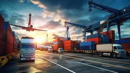 Transportation Logistics Import-Export and Container Cargo Freight Background: Ship, freight train, cargo airplane, container truck at industrial port dock yard, generative ai