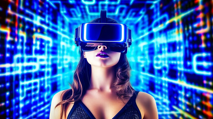 Naklejka premium Intriguing young woman immersed in VR exploration, wonder in her eyes, set against a futuristic virtual reality grid background. Generative AI