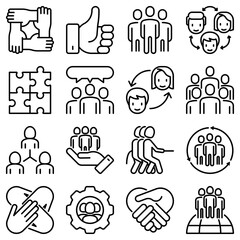 Teamwork thin line icons set: group of people, mutual assistance, meeting, handshake, tug-of-war, cooperation, puzzle, team spirit, cooperation. Modern vector illustration.