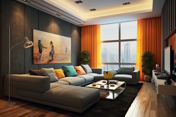 Stylish Living Room. Modern Interior Design. AI Generative