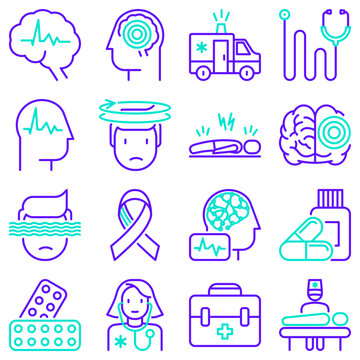 Epilepsy thin line icons set of symptoms and treatments: convulsion, disorder, dizziness, brain scan. World epilepsy day. Vector illustration.