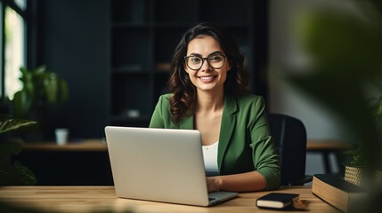 Young happy business woman sitting at work desk with laptop. Smiling school professional online teacher coach advertising virtual distance students classes teaching remote education, generative ai
