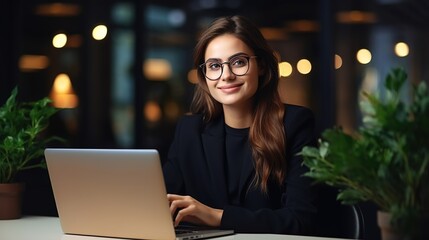 Young happy business woman sitting at work desk with laptop. Smiling school professional online teacher coach advertising virtual distance students classes teaching remote education, generative ai
