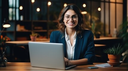 Young happy business woman sitting at work desk with laptop. Smiling school professional online teacher coach advertising virtual distance students classes teaching remote education, generative ai - obrazy, fototapety, plakaty