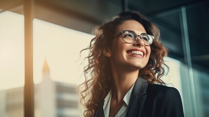 Young happy cheerful professional business woman, happy laughing female office worker wearing glasses looking away at copy space advertising job opportunities or good business services, generative ai - obrazy, fototapety, plakaty