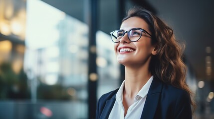 Young happy cheerful professional business woman, happy laughing female office worker wearing glasses looking away at copy space advertising job opportunities or good business services, generative ai - Powered by Adobe