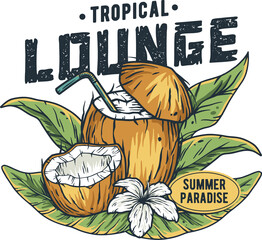 Summer coconut fruit print. Tropical exotic fruits with palms. Cocktail lounge logo