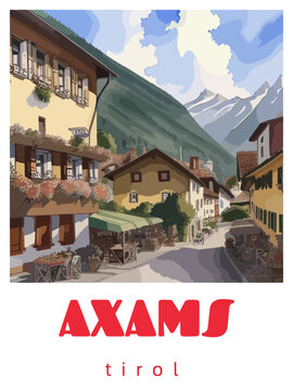 Axams: Retro tourism poster with a Austrian landscape and the headline Axams / Tirol