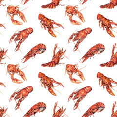 Seamless pattern of boiled crayfish. Watercolor illustration isolated on transparent background. Designed for printing on textiles, packaging