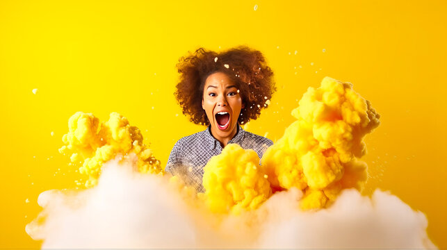 Captivating young science enthusiast on bright yellow backdrop, marvelling at colorful erupting homemade volcano. Epitome of vibrant educational fun. Generative AI