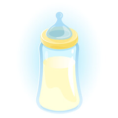 Baby bottle with milk, cartoon blue silicone soother motherhood vector illustration