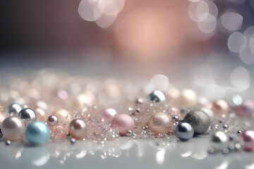 Still with colored pearls round precious in front of shining background with reflections on ground. Abstract lighting Bokeh defocused background from cristal light fixture, copy space. Generative AI.