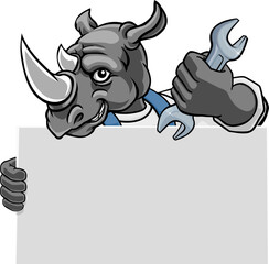 A rhino handyman, mechanic, plumber or other construction cartoon mascot man holding a wrench or spanner tool.
