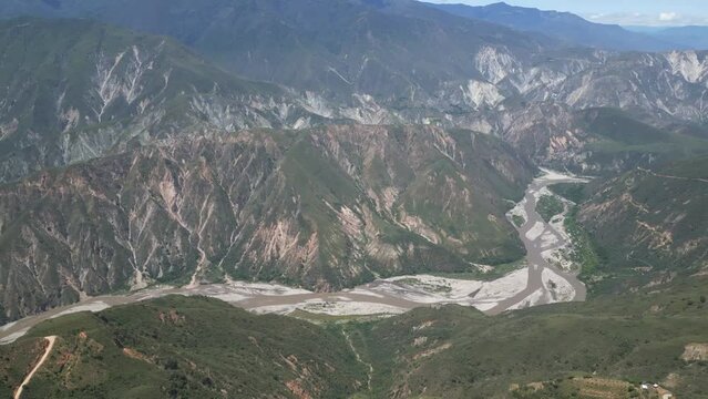 Chicamocha Canyon Panoramic Aerial Drone View Colombian Andean Green Mountains and River, Travel and Tourism Destination