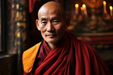 Close-up photo of a Tibetan monk - obrazy, fototapety, plakaty