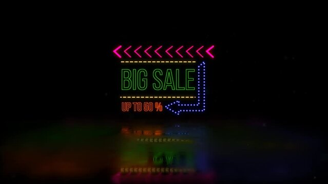 Big sale up to 50 percent, graphic element with neon style effect. flash banner design 4k animation. sales shopping social media background.