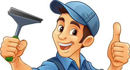A window cleaner or car wash cleaning cartoon mascot man holding a squeegee washing tool