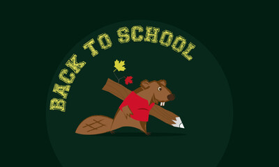 Back to school banner with cute beaver mascot character. Pencil with maple leaves. Banner vector template.Hello School.